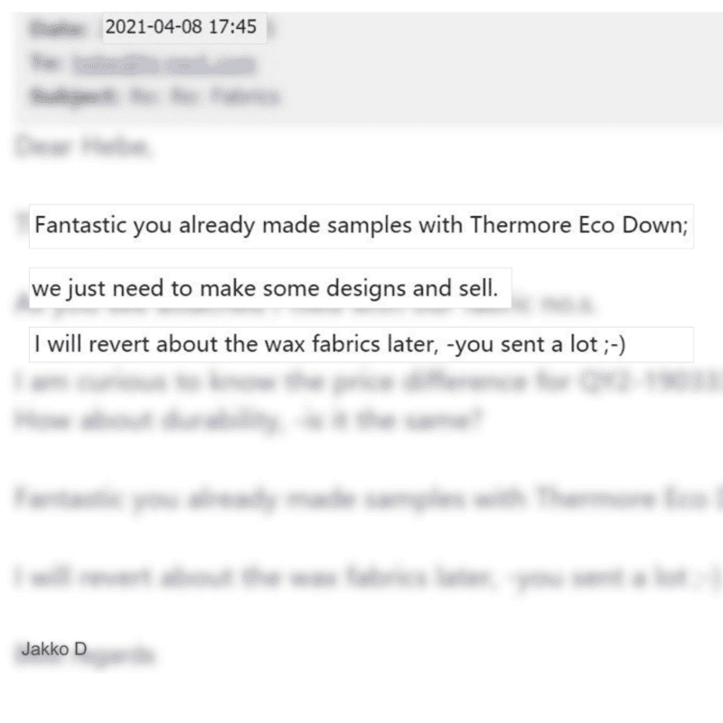 Client email testimonial from 2021