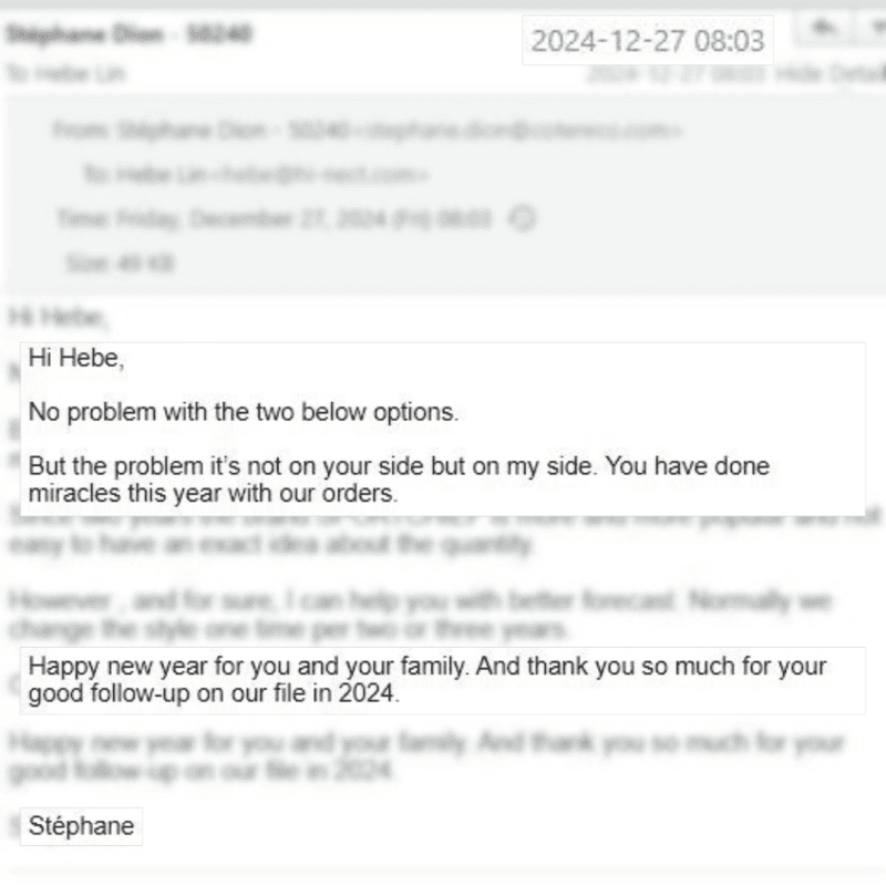 Client email testimonial from 2024