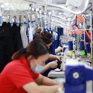 Industrial sewing line for hunting apparel