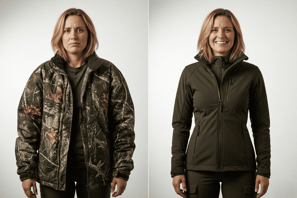 A diptych photo comparing a woman in an ill-fitting men's jacket versus a perfectly fitting women's technical jacket.
