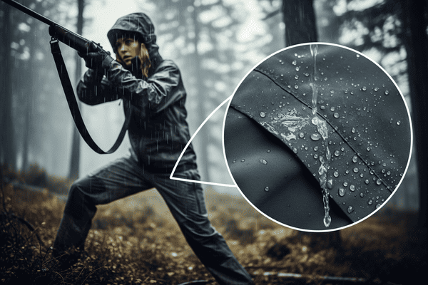 A dynamic action shot of a female hunter in a rain shower, with water beading up and rolling off her technical hardshell suit.