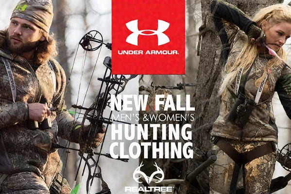 A hunter-athlete wearing Under Armour's Ridge Reaper camo in a dynamic pose.