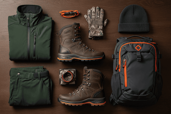 A clean, organized flat lay of a complete women's hunting gear kit, including apparel, boots, a backpack, and gloves.
