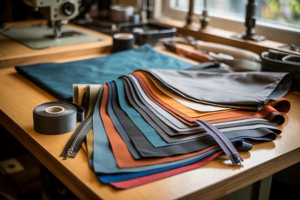 A collection of high-performance fabric swatches and trims on a table