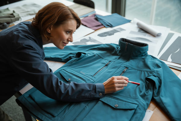 A designer providing clear, marked-up feedback on a prototype garment