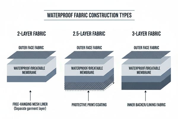 A clear, labeled cross-section diagram showing the construction of 2-Layer, 2.5-Layer, and 3-Layer fabrics