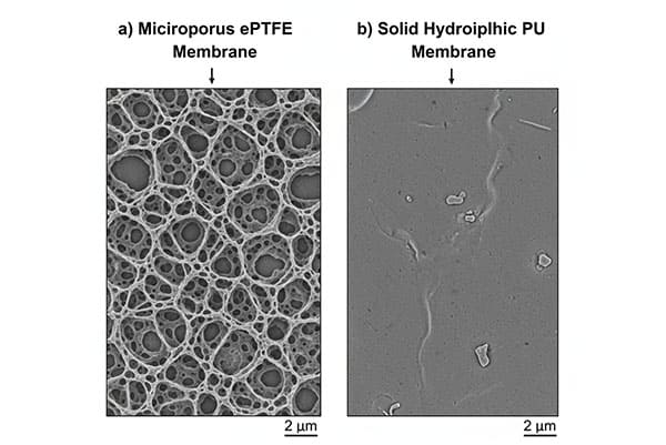 A side-by-side microscopic view comparing a microporous ePTFE membrane structure with a solid hydrophilic PU membrane