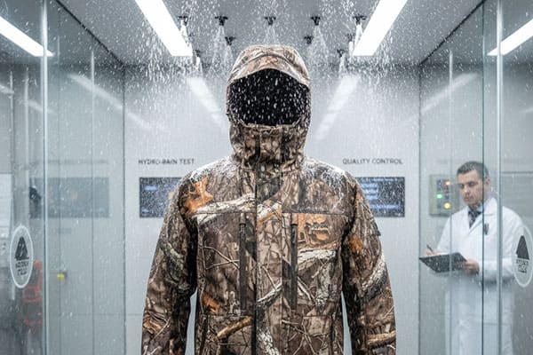 A photo of a Hi-nect quality control technician inspecting a finished hunting jacket in a rain test chamber