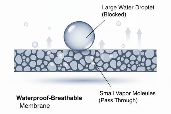 Diagram illustrating a large water droplet being blocked by the tiny pores of a waterproof membrane