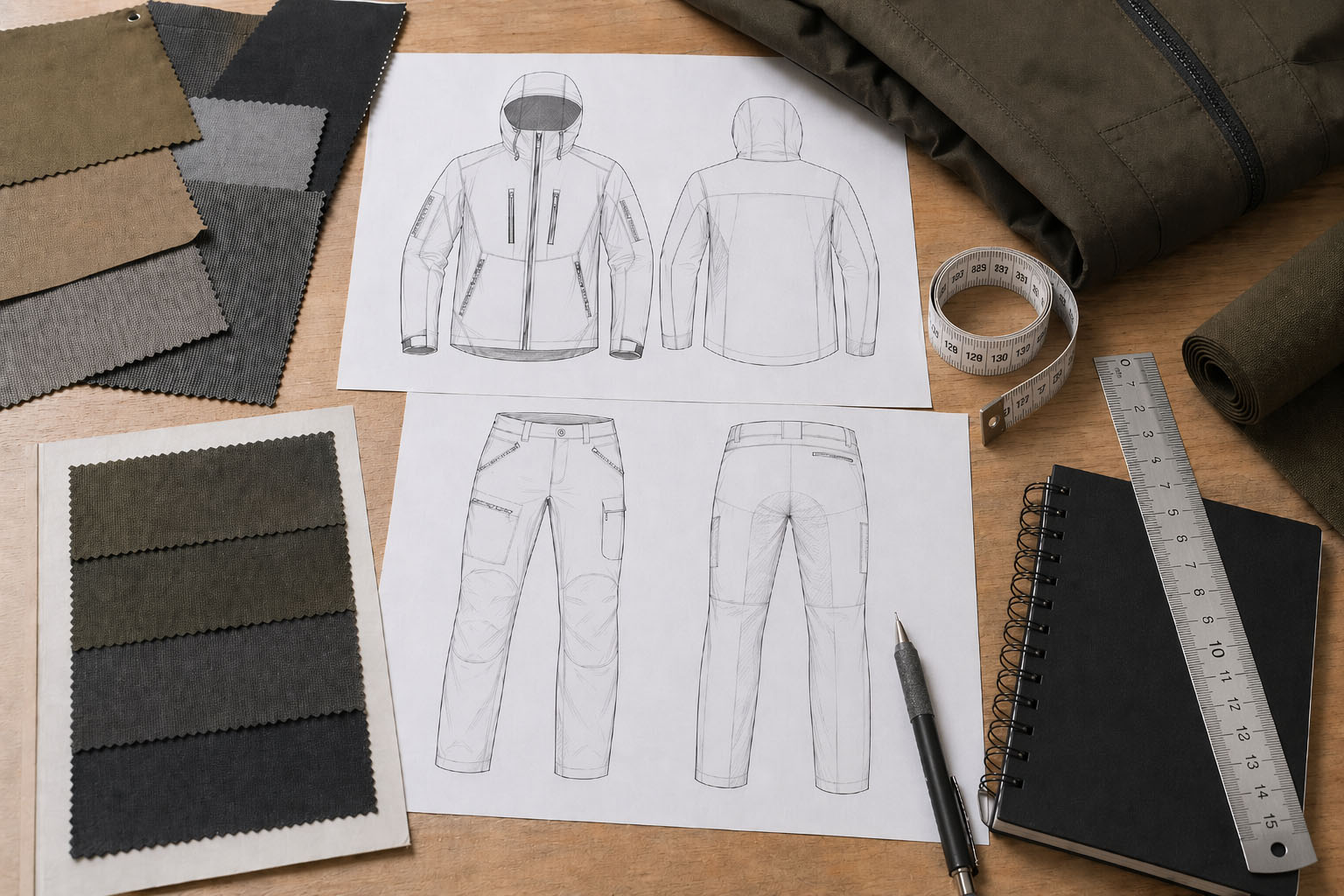 Designer Working on Sketches Laying on Desk