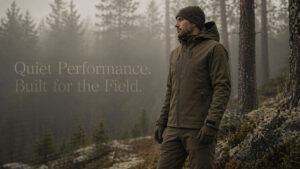 Hunter wearing olive green technical hunting jacket and pants in a misty winter forest with space for website headline text.