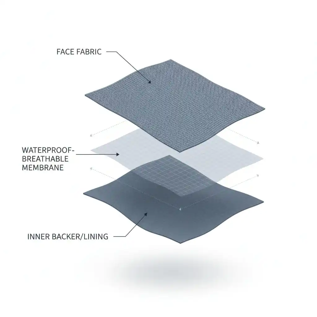 Gràfic en 3D que mostra la construcció d'un teixit impermeable i transpirable de 3 capes, amb teixit exterior, membrana i suport, utilitzat en jaquetes de caça del fabricant OEM Hi-nect.