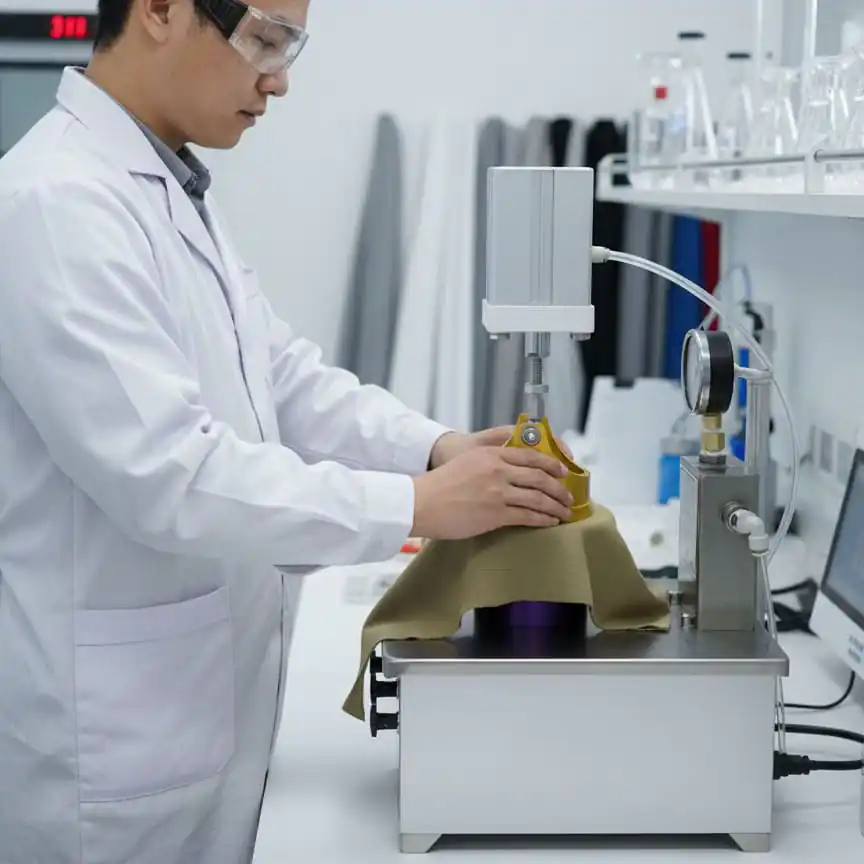 Un tècnic de laboratori a l'estudi d'R+D de Hi-nect realitzant una prova de càrrega hidrostàtica per validar la classificació d'impermeabilitat d'un teixit tècnic per a roba de caça.